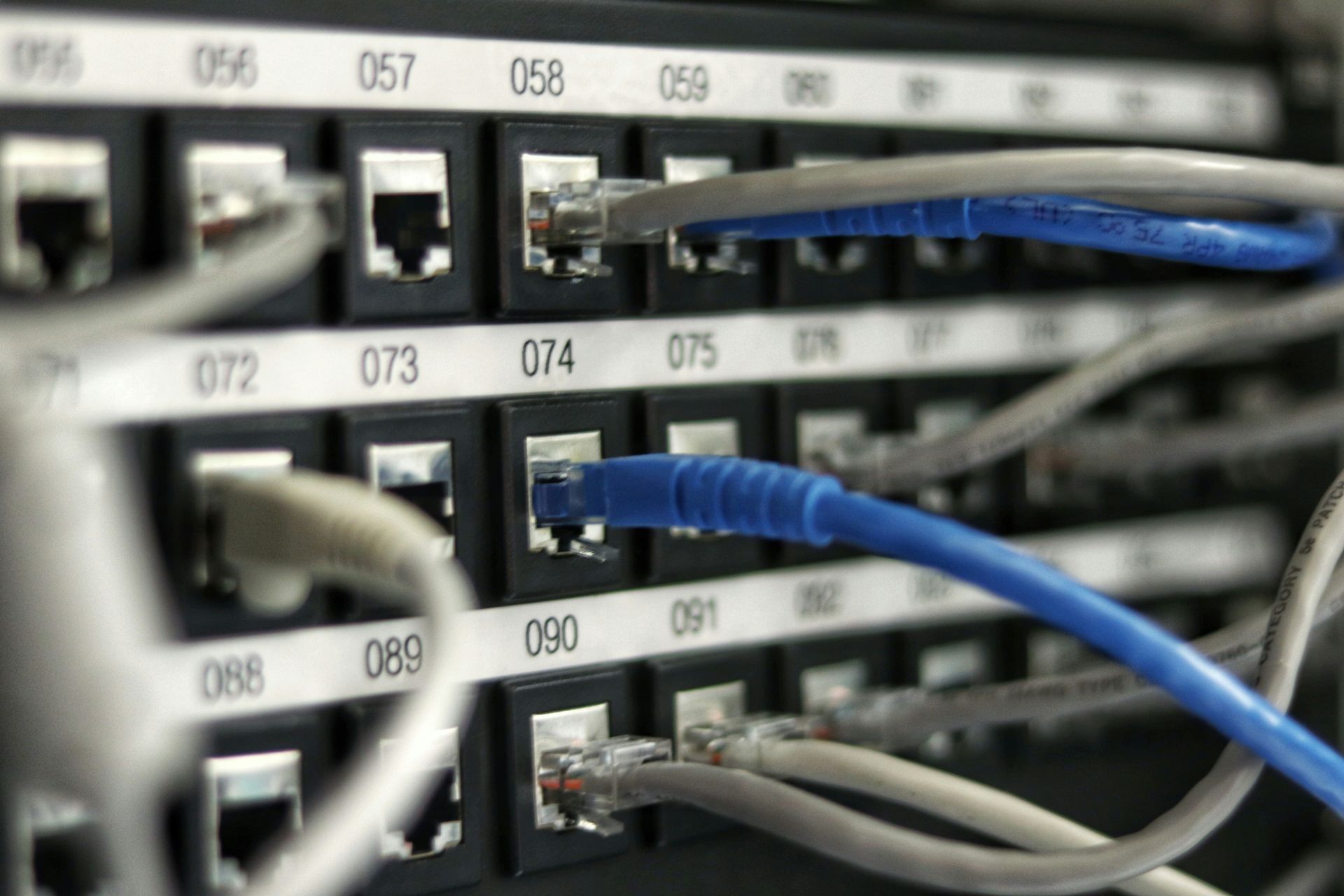 Network patch panels within a server rack and ethernet cables